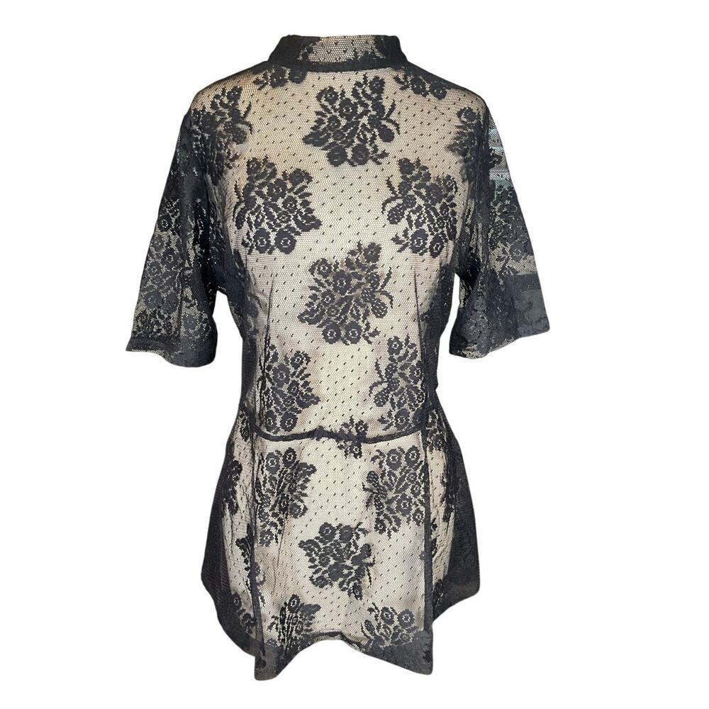 Coquette Lane Bryant Navy Lace Peplum Sheer Floral Mock Neck Keyhole Back 10/12
